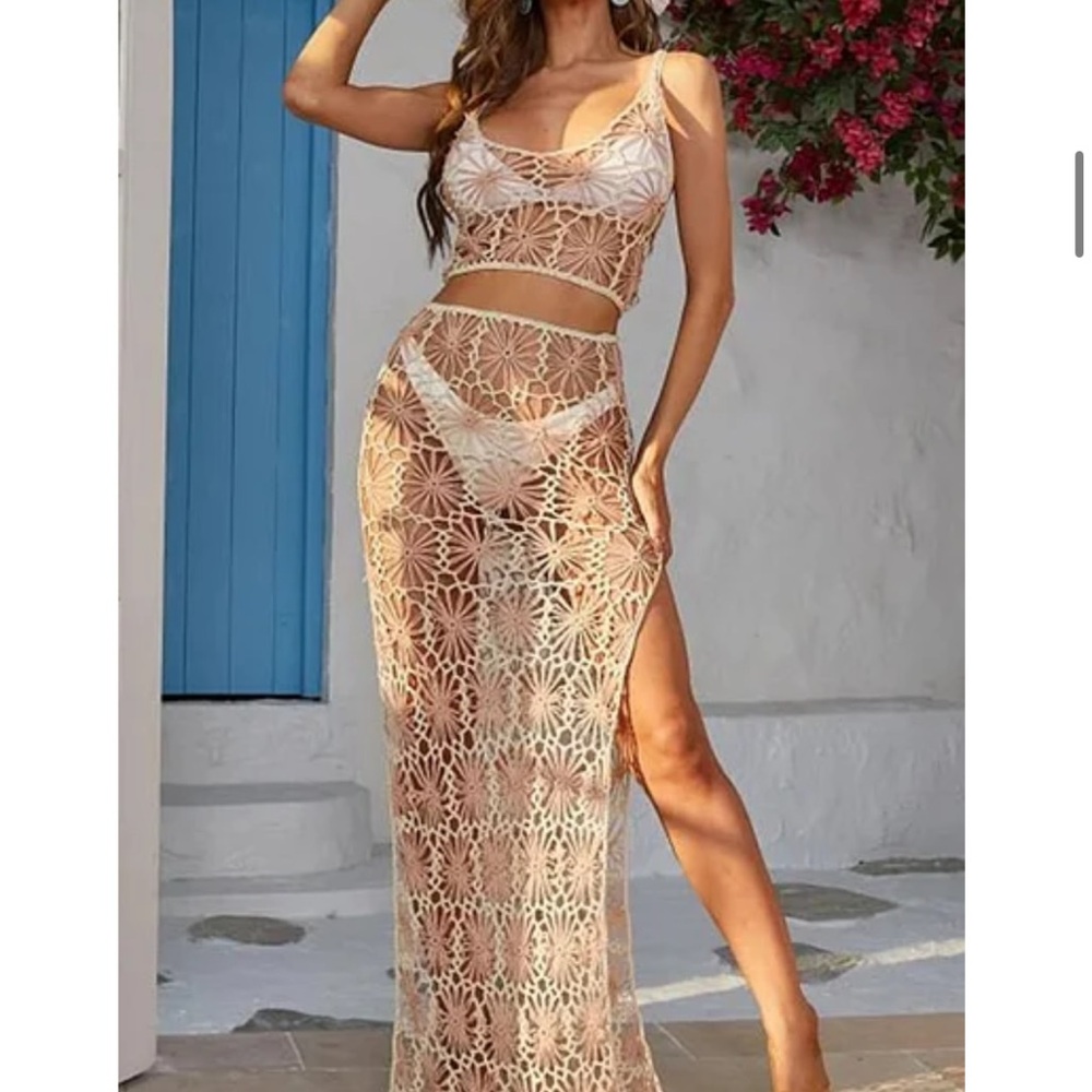 Beige Crochet Two-Piece Maxi Set